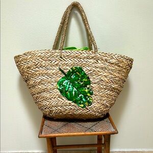 Green Leaf Embellished Woven Tote